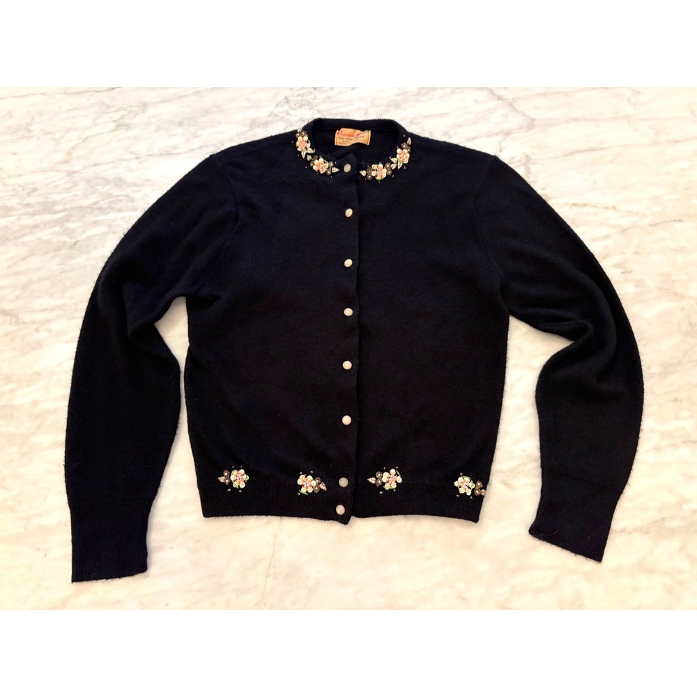 Vintage 50s 60s Penrose Beaded Sequin Cardigan Black Orlon Floral Pearl Button S